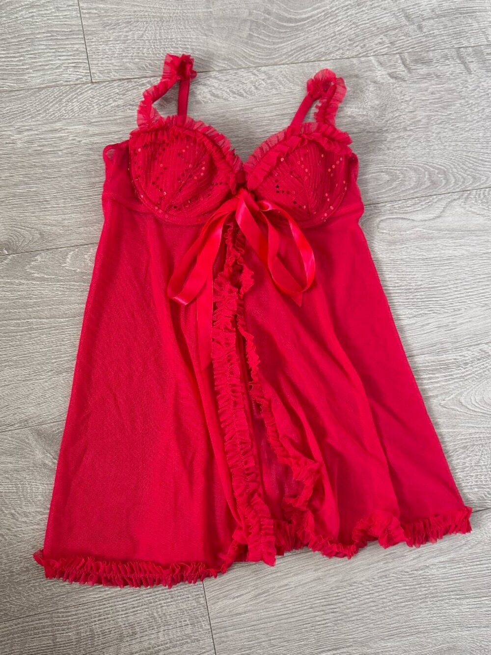 Victoria’s Secret Sexy Little Things Hot Pink Sheer Mesh Babydoll Lingerie 34B